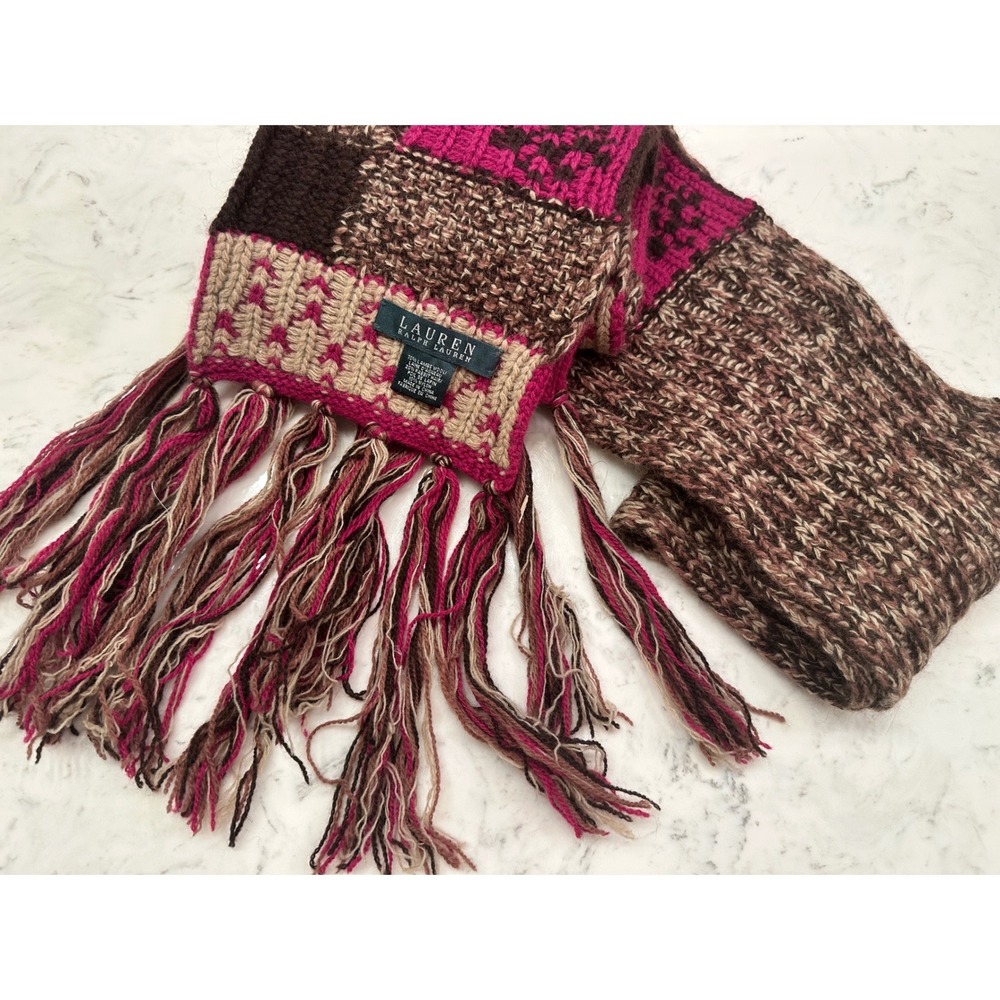 Lauren Ralph Lauren Lambswool Rabbit Hair Knit Scarf Pink Brown Fair Isle Fringe